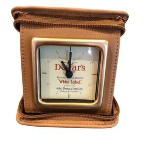 Dewars Travel Alarm Clock In Tan Leather Case With Zipper Closure Tartan